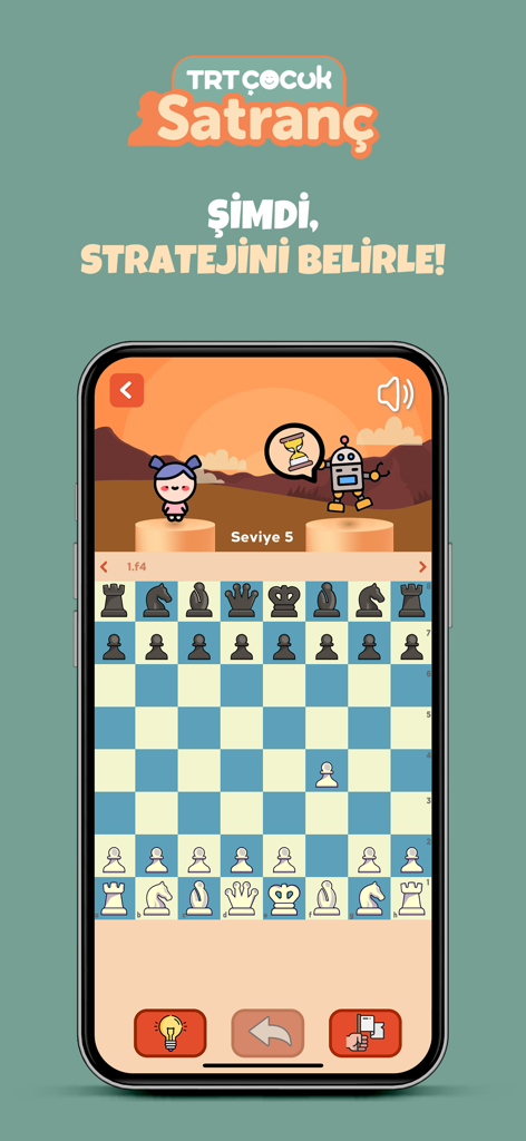 TRT Çocuk Satranç-Hamle Ustası - Interface of the TRT Cocuk Satranc mobile app showing a chess match between a cartoon girl and a robot character.