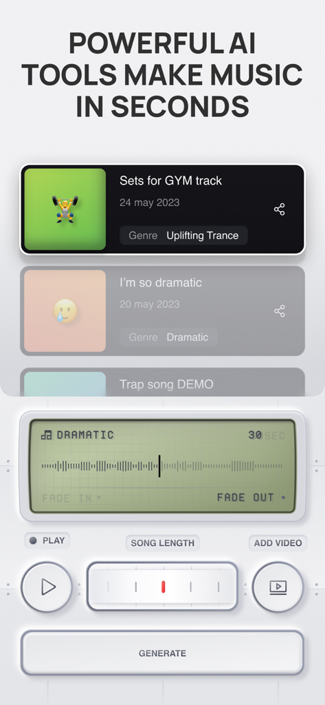 Ein Bildschirm aus der KI-Musikgenerator-App zeigt eine Musik-Trackliste und einen Wellenform-Editor mit einer Generierungsschaltfläche.