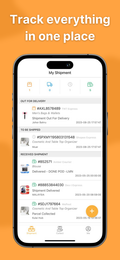 Tracking.my - Package Tracker - Interface móvel do aplicativo Tracking.my mostrando uma lista de pacotes rastreados com status como saiu para entrega e entregue.