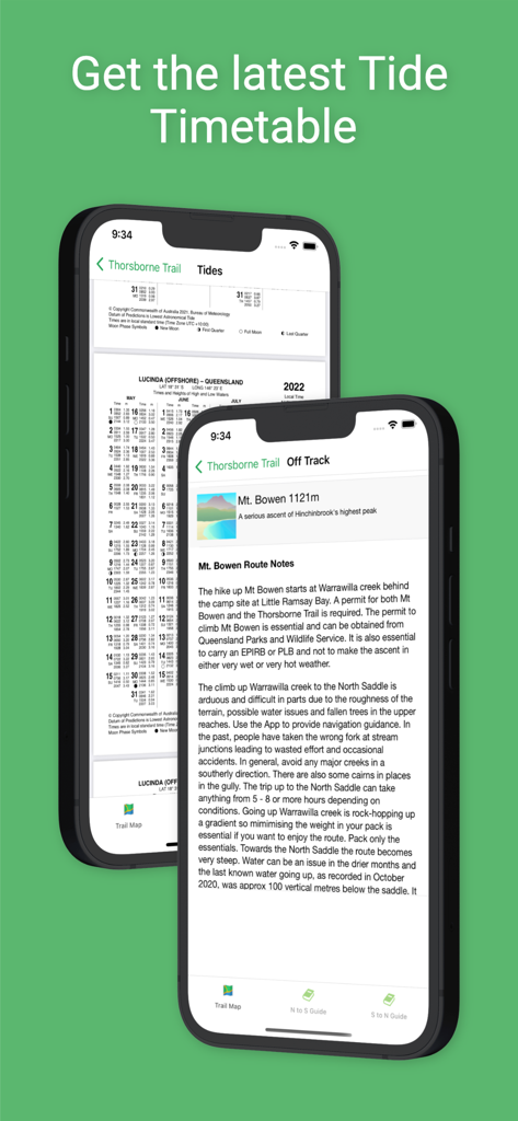 Deux smartphones affichant les graphiques de marées et les notes de parcours pour le sentier Thorsborne.
