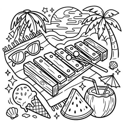 Get ready to color your summer vacation dreams with this awesome xylophone page, specially designed for creative teens. Explore a lively beach scene filled with cool vibes and musical fun, perfect for a relaxing coloring session.