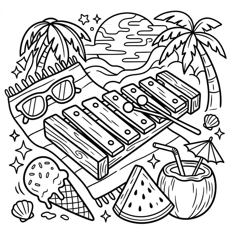 Get ready to color your summer vacation dreams with this awesome xylophone page, specially designed for creative teens. Explore a lively beach scene filled with cool vibes and musical fun, perfect for a relaxing coloring session.