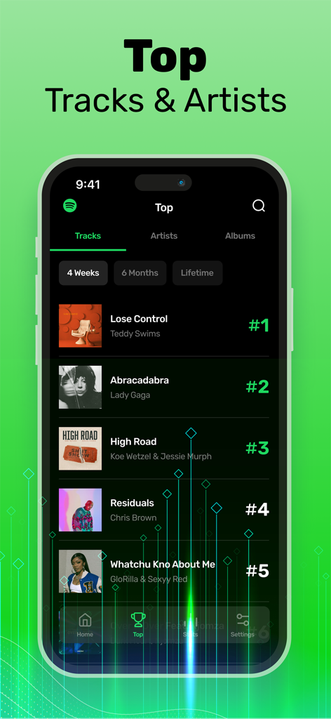 Stats for Spotify Music + - Interfaz de la aplicación móvil mostrando la clasificación de las canciones y artistas principales en Stats for Spotify