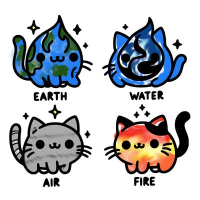 4 cats that represent the different elements, earth, water, air, and fire