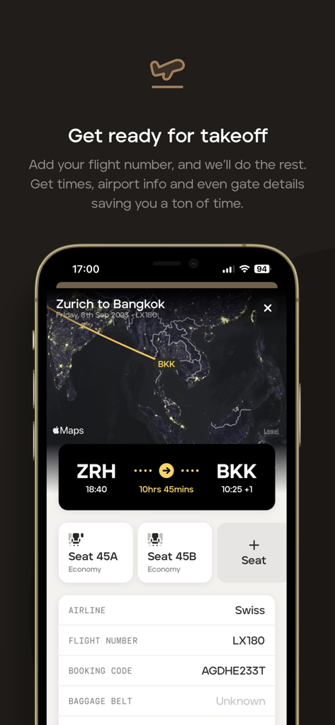 Una pantalla de teléfono móvil que muestra los detalles del itinerario de vuelo con un mapa de ruta y asignaciones de asientos en la aplicación TripMapper