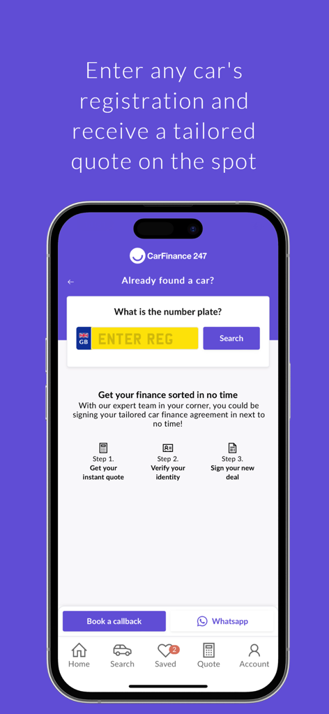 CarFinance 247 - Ecrã da aplicação CarFinance 247 para introduzir a matrícula do carro para obter uma cotação de financiamento instantânea.