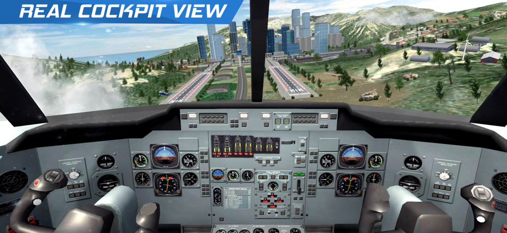 AFPS Airplane Flight Pilot Sim - Realistic airplane cockpit view showing detailed instruments and city landscape