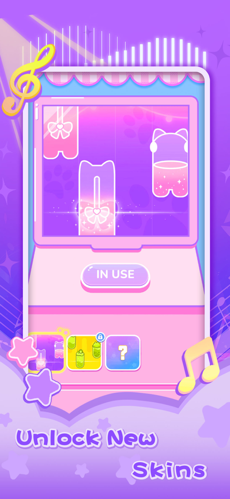 Dream Notes - Cute Music Game - A menu in Dream Notes showing options to unlock new cute cat-themed piano tile skins in a purple and pink aesthetic.
