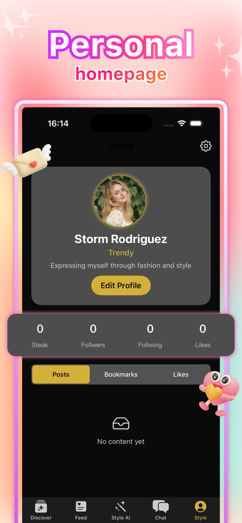 Screenshot of the Lesi app personal homepage showing a user profile for Storm Rodriguez with social statistics.