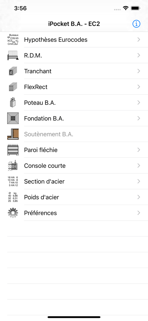iPocket BA - Menu principal do aplicativo iPocket BA mostrando vários módulos de cálculo de engenharia estrutural para concreto armado.