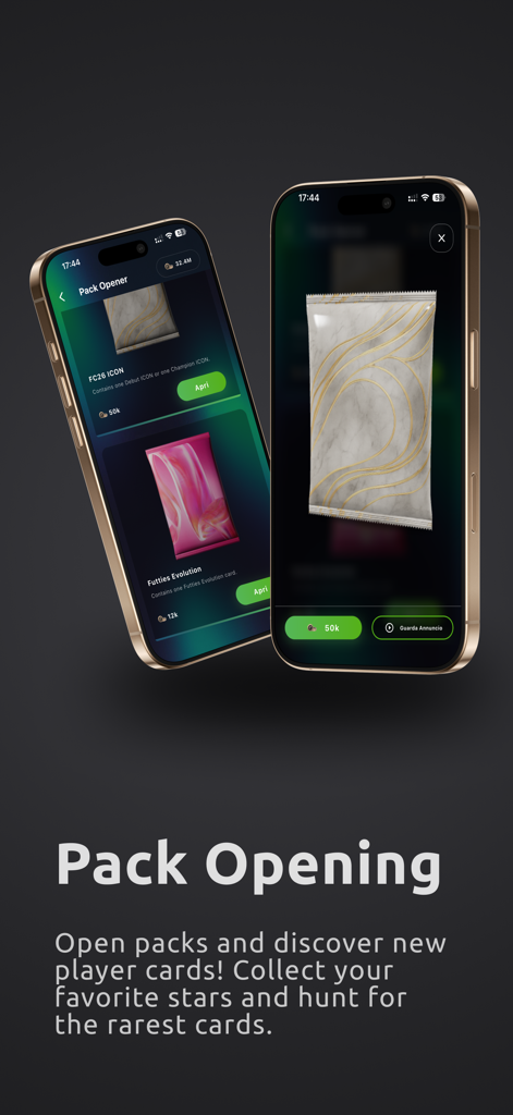 Mobile interface of FUT FC 26 showing football player card pack opening