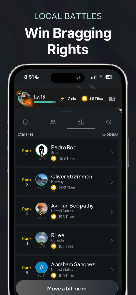 Checkin: Fitness Tracker Game - A mobile screen showing the global leaderboard for the Checkin fitness game with user rankings and tile counts
