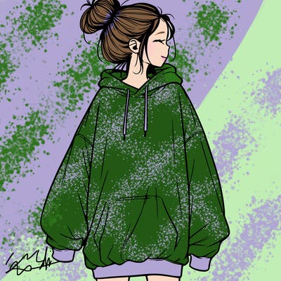 realistic girl with a oversized sweatshirt on and a bun