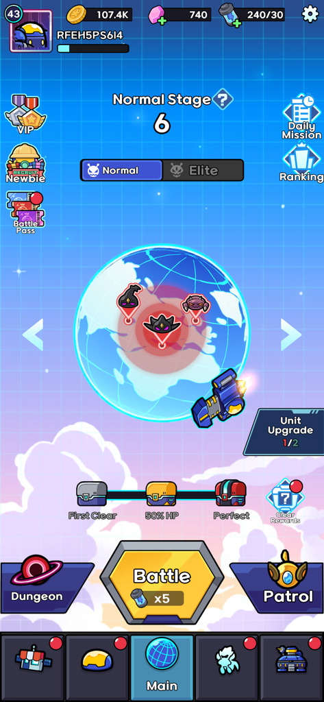 Bunker Defense: 100M Survival - Main menu of Bunker Defense 100M Survival showing stage 6 selection on a globe with a battle button