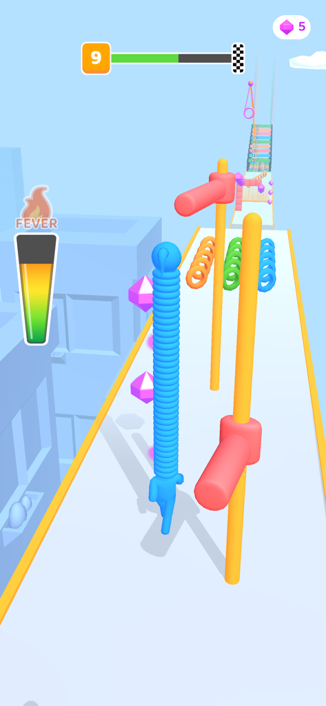 Long Neck Run - Un personnage avec un cou bleu extrêmement long courant dans un parcours d'obstacles coloré dans Long Neck Run.