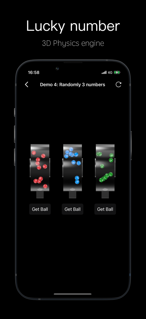 Random Picker - 3D Lucky Ball - Interface de Random Picker 3D Lucky Ball montrant trois tambours de loterie avec des boules colorées