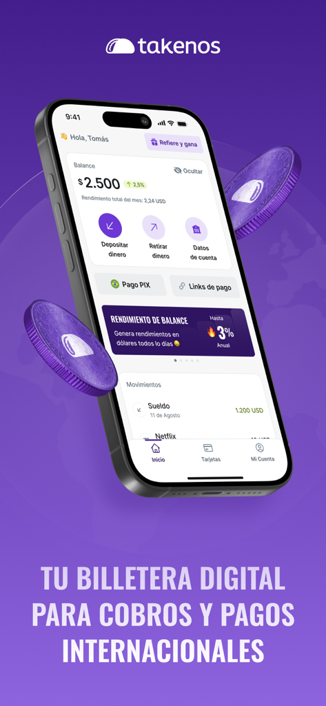 Takenos digital wallet app interface showing international payment options and account balance