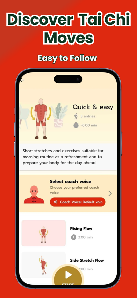 Tai Chi for Beginners Daily - Interfaz de la aplicación Tai Chi para Principiantes Diario que muestra una rutina matutina rápida de seis minutos