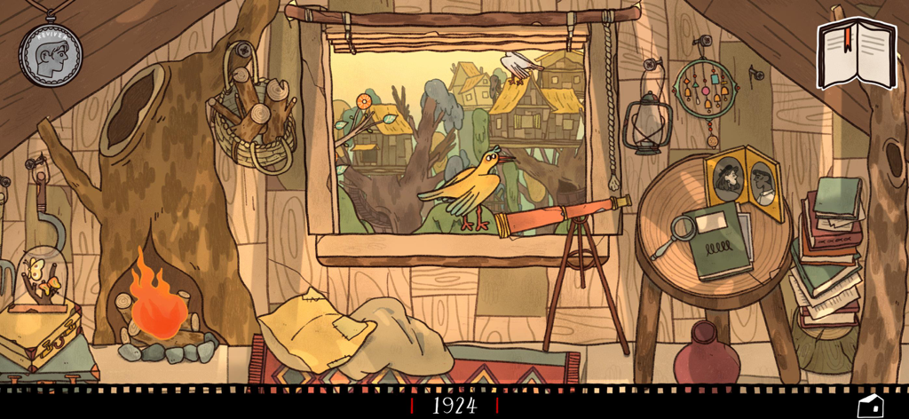 Reviver: Butterfly - Handgezeichnetes gemütliches Baumhausinterieur mit Fensterblick und Teleskop in Reviver Butterfly