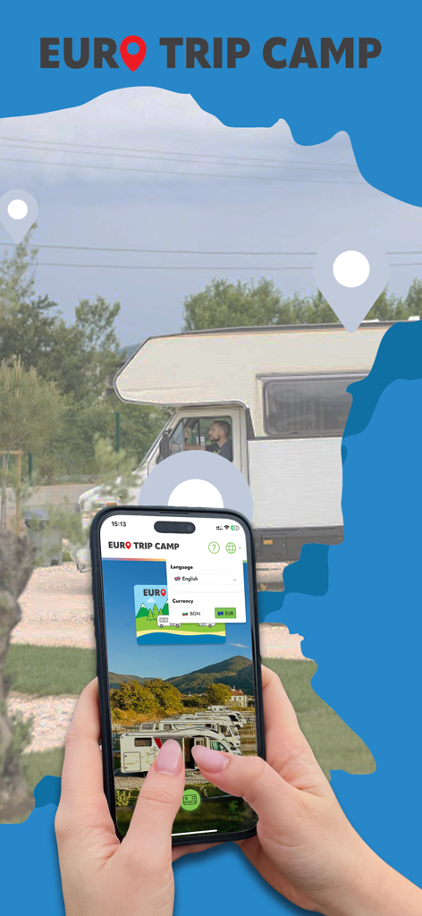 Euro Trip Camp - 背景にキャンピングカーが写っているユーロトリップキャンプアプリのインターフェースを表示しているスマートフォンを持つ人物。