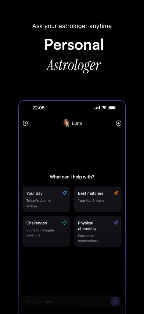 Orion – Horoscope & Tarot - Interface de chat do astrólogo pessoal por IA do aplicativo Orion mostrando opções de energia diária e compatibilidade