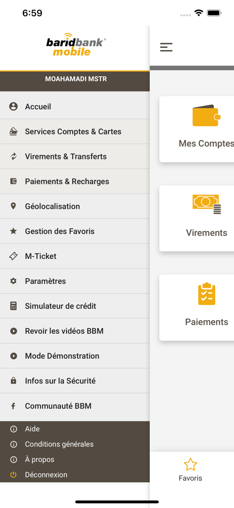 Navigation menu of the Barid Bank Mobile app showing banking services like accounts, transfers, and payments.