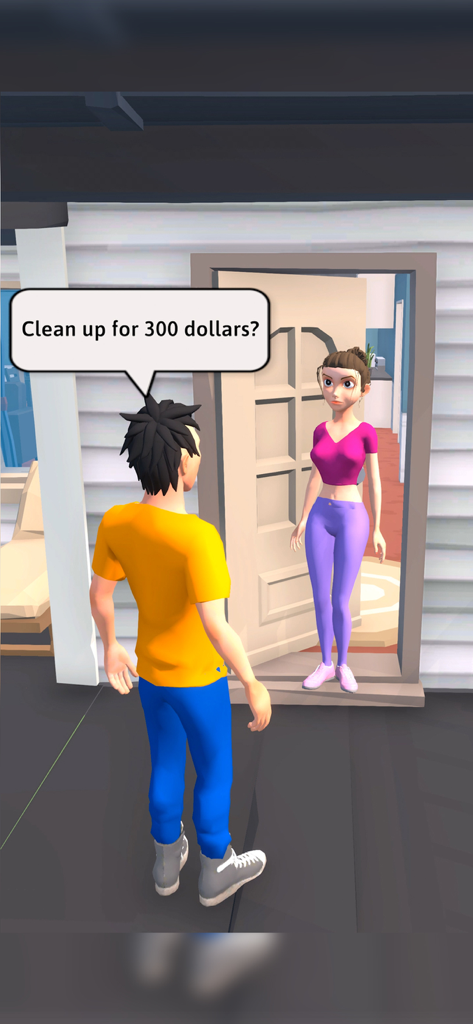 Cleaning Games: Clean It All - A character in a cleaning simulation game offering to clean a house for 300 dollars.