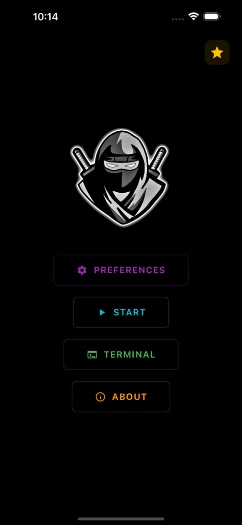 Delta Executor app home screen with ninja logo and menu buttons for preferences start and terminal