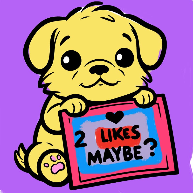 a puppy holding a sign that says 2 likes maybe?