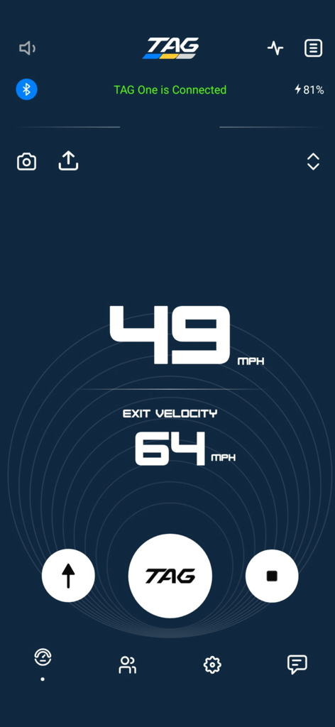 TAG Sports - The TAG Sports app interface displaying exit velocity and speed metrics in MPH