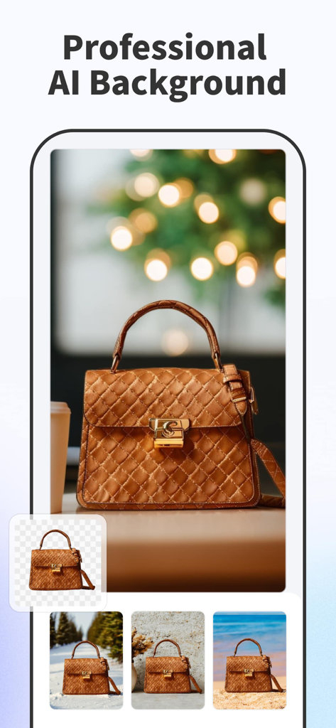AI Background - Pokecut Studio - A product photo of a brown quilted handbag displayed on various AI generated backgrounds