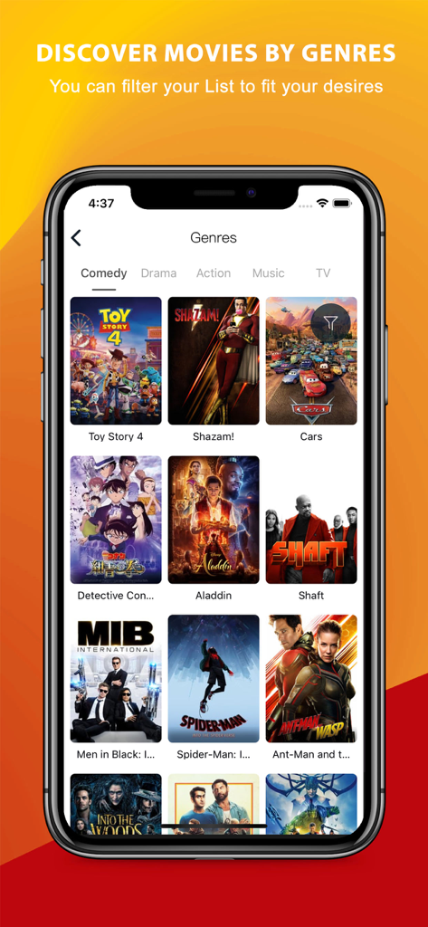 Tea TV Movies & Theater Finder - Tea TV app interface showing a list of movies filtered by the comedy genre
