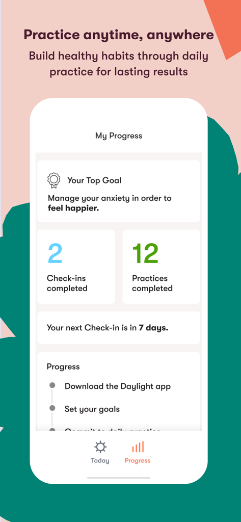 Daylight - Worry Less - A mobile app screen showing user progress with stats on completed checkins and anxiety management goals