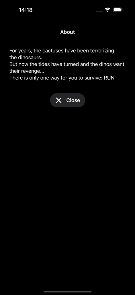 Tela 'Sobre' minimalista do jogo Cactus Run descrevendo a história da vingança dos dinossauros
