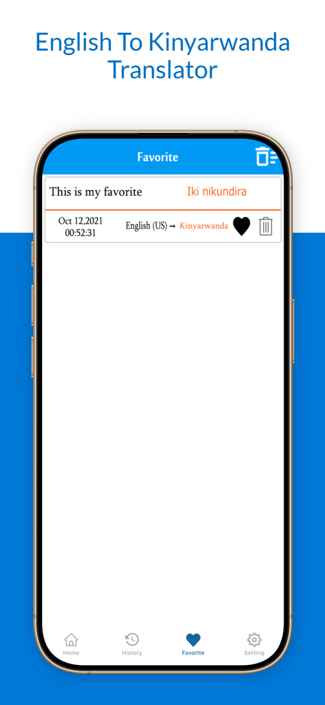 English To Kinyarwanda Trans - お気に入りの画面。保存されたフレーズを表示。