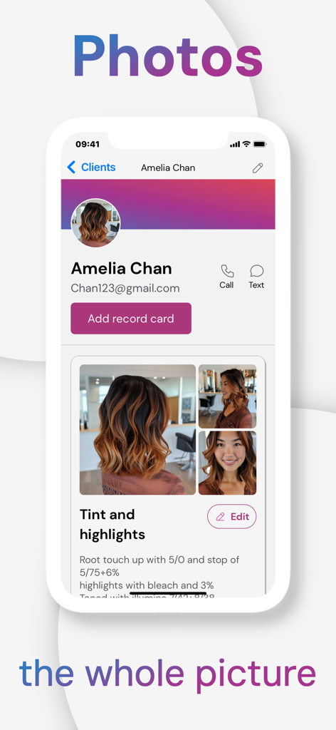 HairTracker App-Oberfläche mit einem Kundenprofil mit Haarfotos und Notizen zu Farbformeln