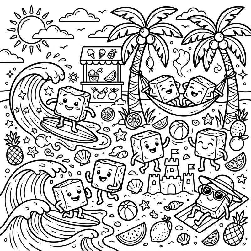 Join our adorable fudge characters for the ultimate summer vacation! This lively coloring page is packed with beach fun, surfing, and relaxation, perfect for teens seeking a sweet escape.