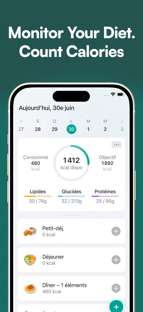 EatWell app interface showing daily calorie goals and macronutrient tracking for fat carbs and protein