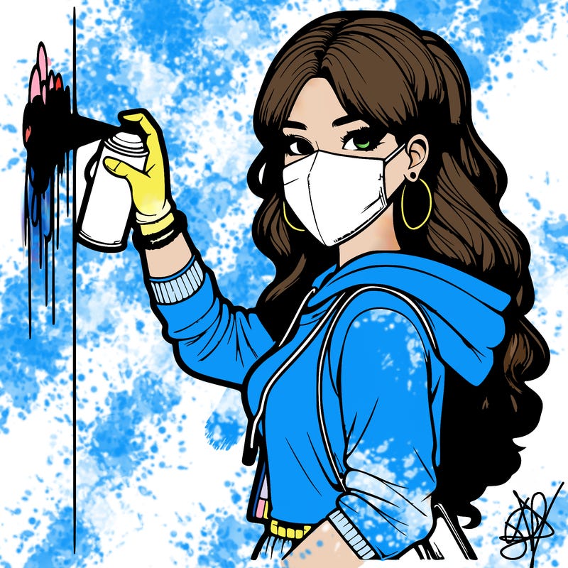 realistic girl with mask spray painting a wall