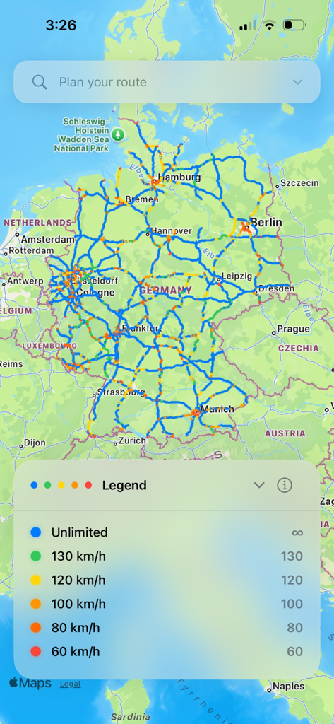 A map of Germany highlighting the Autobahn network with color-coded speed limit zones and a legend.