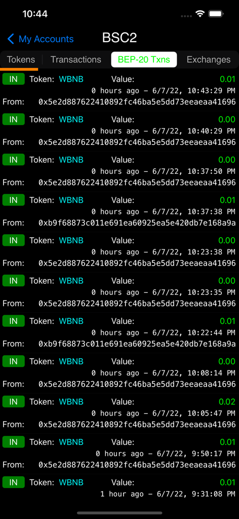 Pantalla móvil que muestra una lista de transacciones entrantes de tokens BEP20 para WBNB en la aplicación BSC Explorer