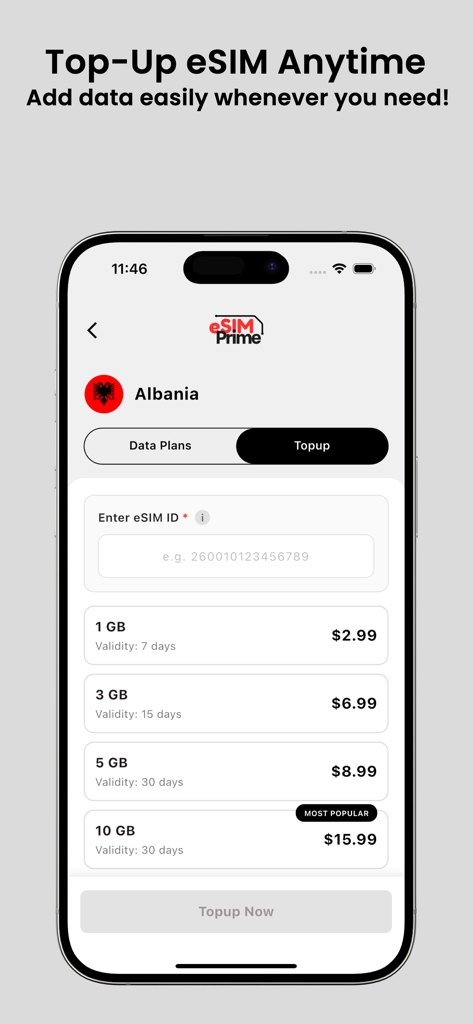 Pantalla de iPhone que muestra opciones de recarga de datos de la aplicación eSIM Prime para Albania con varios planes de precios