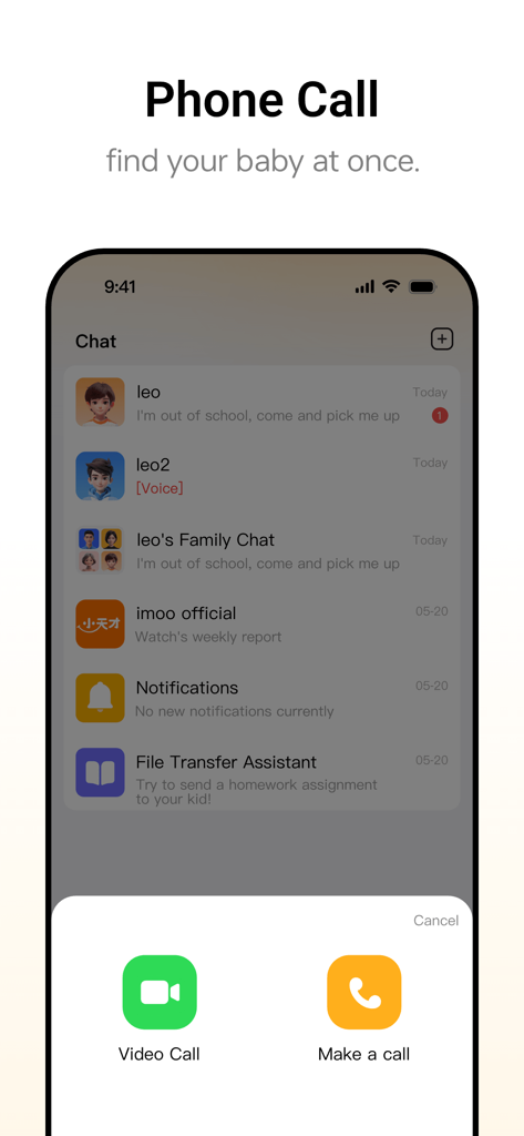 imoo Watch Phone - Interface of the imoo Watch Phone app showing options for parents to start a video or voice call with their child