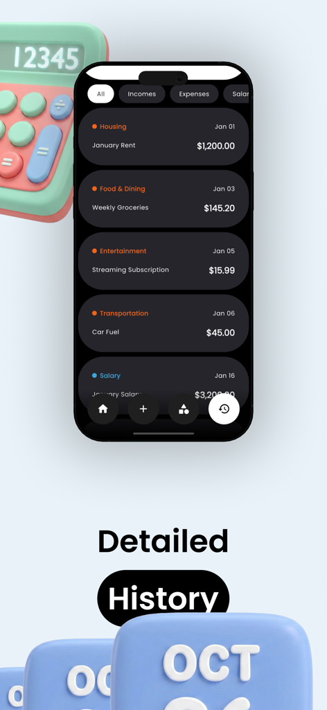 Spendy-Simple Spending Tracker - Spendy app interface showing a detailed history of monthly transactions including housing, food, and salary