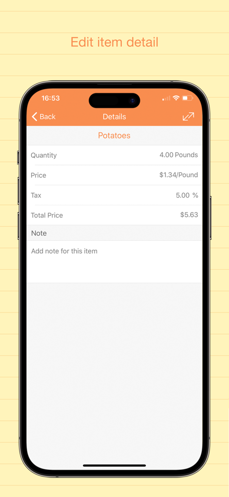 감자 수량, 가격 및 세금 계산을 보여주는 항목 세부 정보 화면