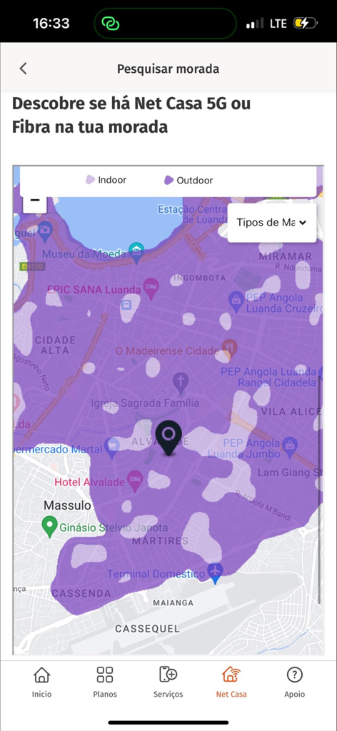 Map showing 5G and Fiber coverage in Luanda within the MyUnitel app