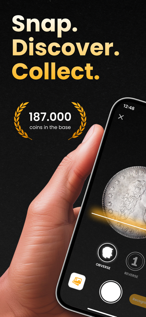 Coin ID Scanner: Value Checker - Interfaz de una aplicación de smartphone escaneando una rara moneda de plata para identificar su valor