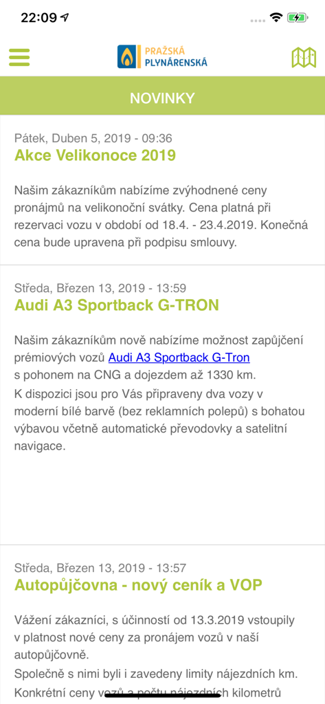 Pantalla de aplicación móvil que muestra un feed de noticias con actualizaciones sobre alquiler de vehículos de GNC y promociones