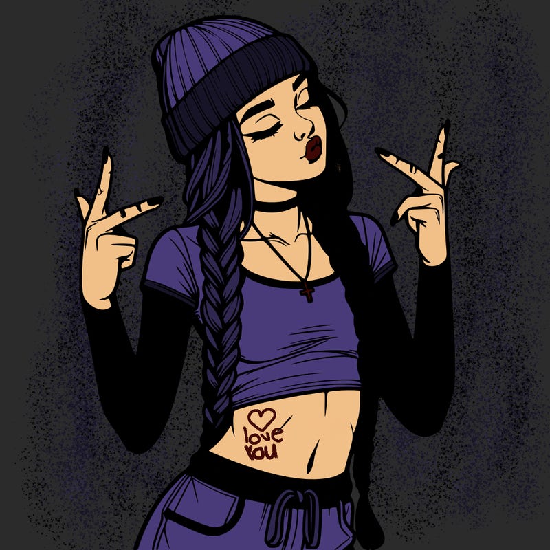 realistic teenage girl with braids and a beanie and crop top doing 🫶🏼