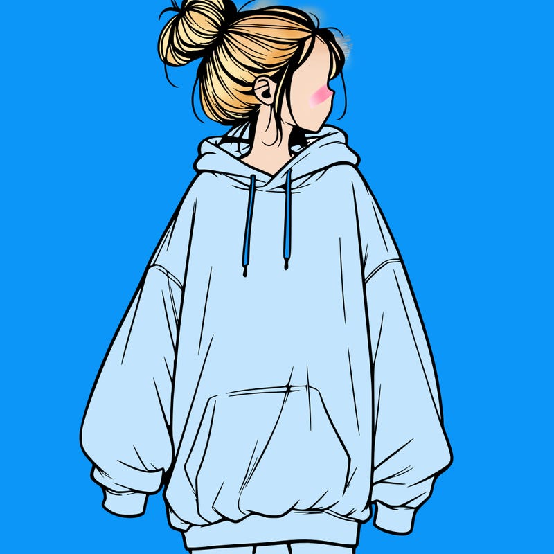 realistic girl with a oversized sweatshirt on and a bun